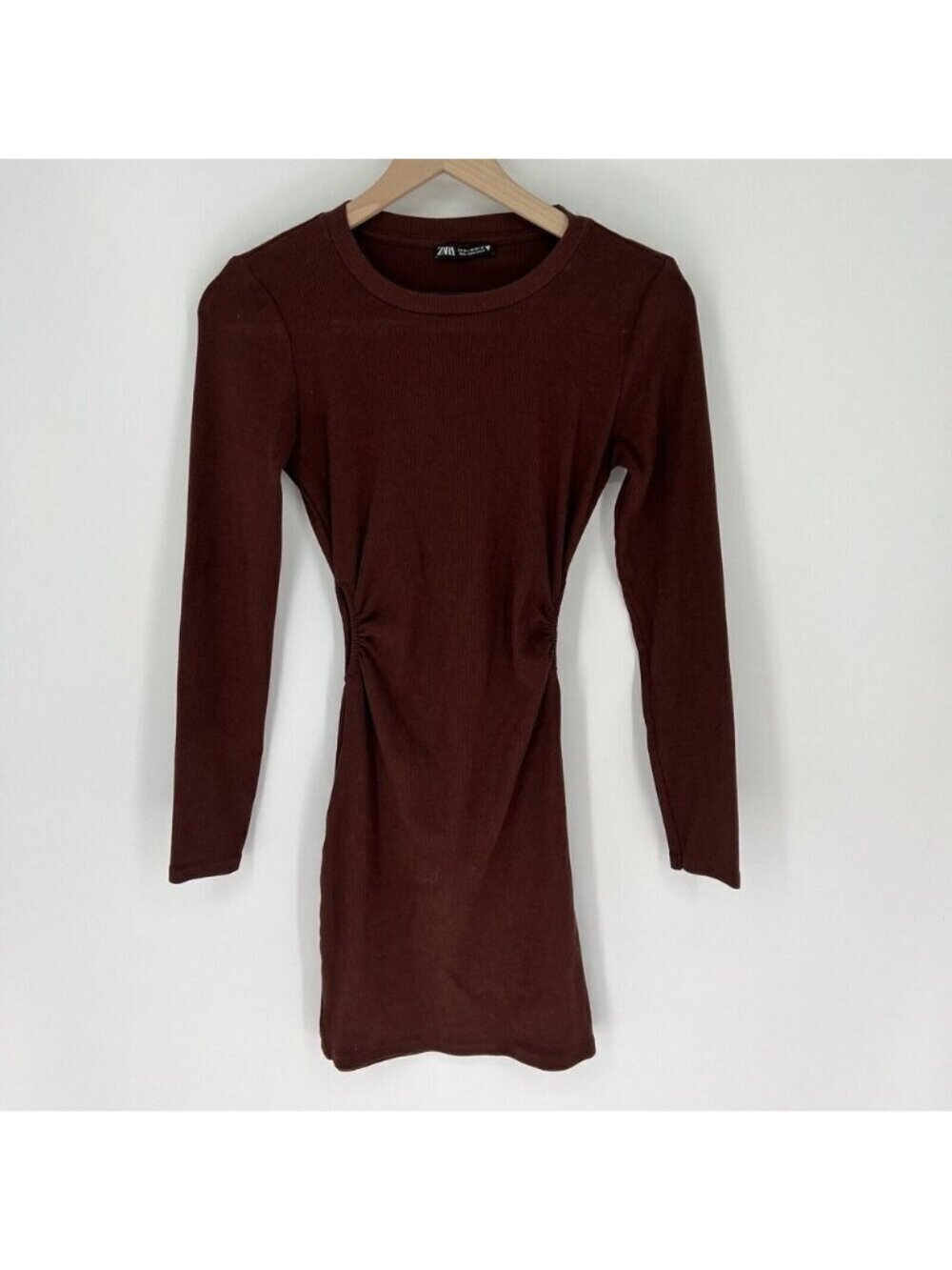 Zara Brown Bodycon Ruched Dress Side Cut Outs Size Medium